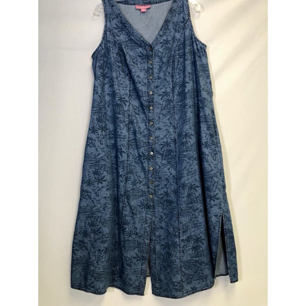 Woman Within Womens Full Button Up Denim Maxi‎ Dress Palm Print Size 14 Casual